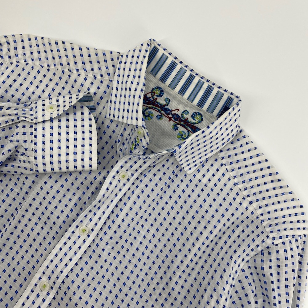 Robert Graham Shirt Mens Medium Blue White Geometric Eclectic Textured Business